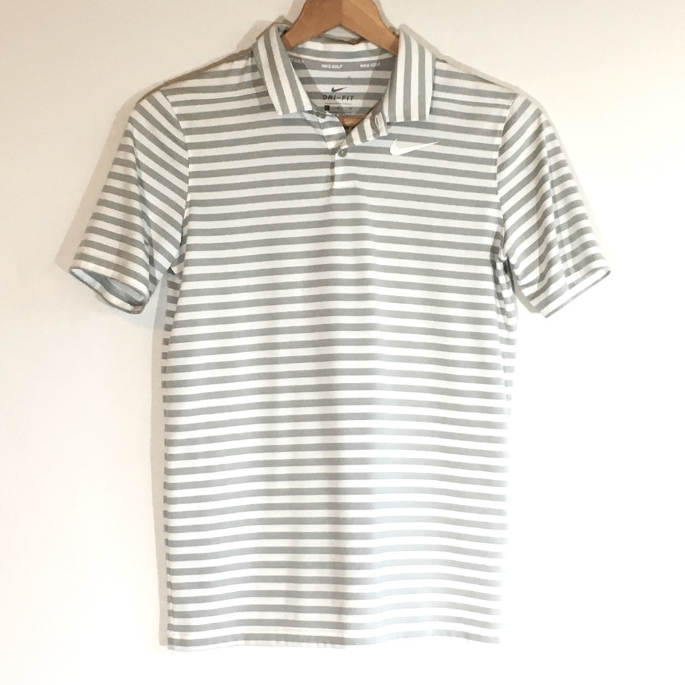 Nike Golf DriFit White Grey Stripe Polo Large